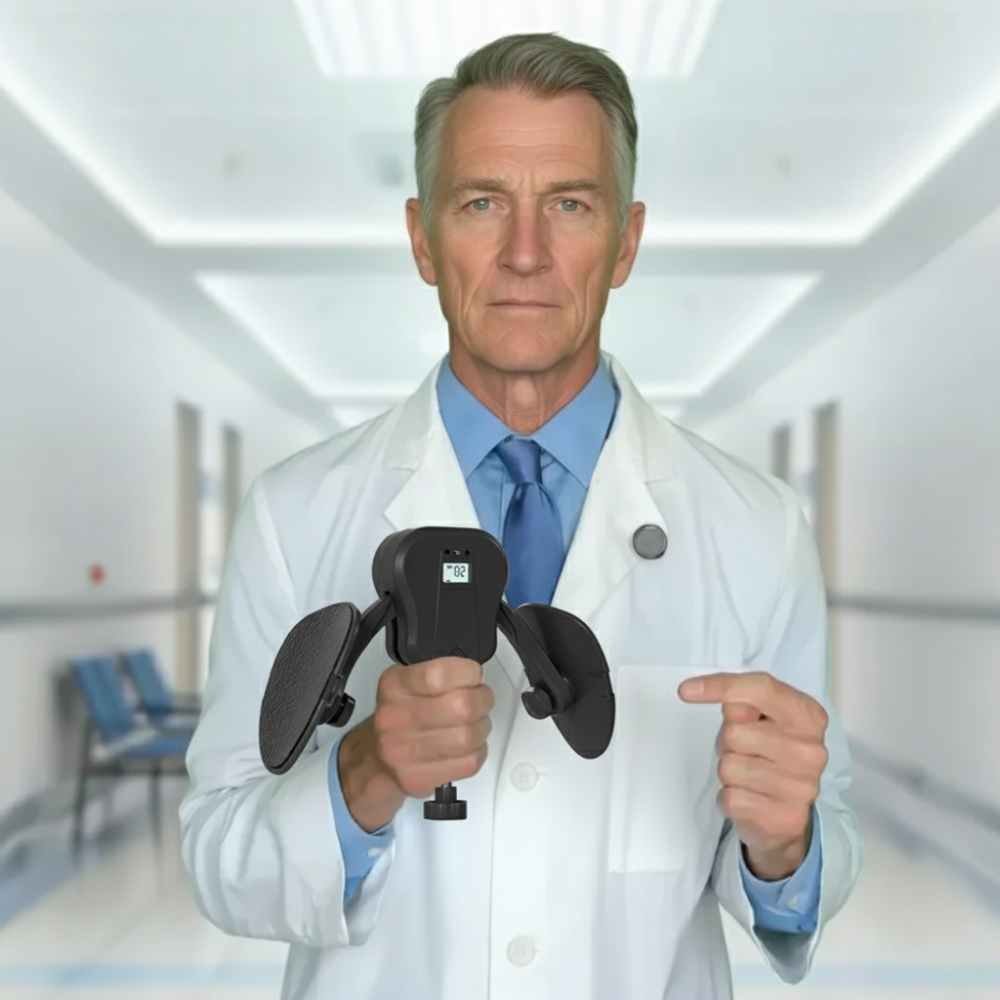 doctor holding a pelvic floor trainer device in a clinic