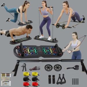multifunctional fitness accessory set with resistance bands, push-up board, pilates bar, and ab roller for full-body home workouts