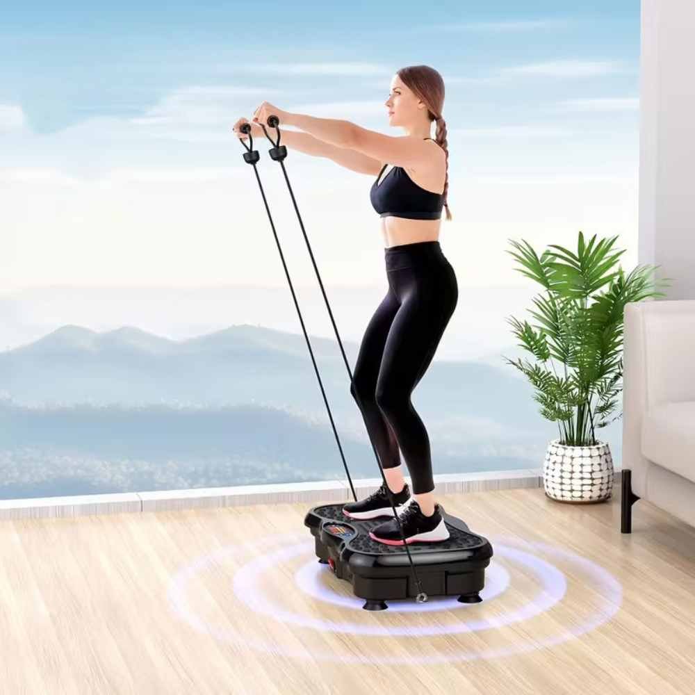 woman performing a resistance band squat while standing on a vibration plate machine