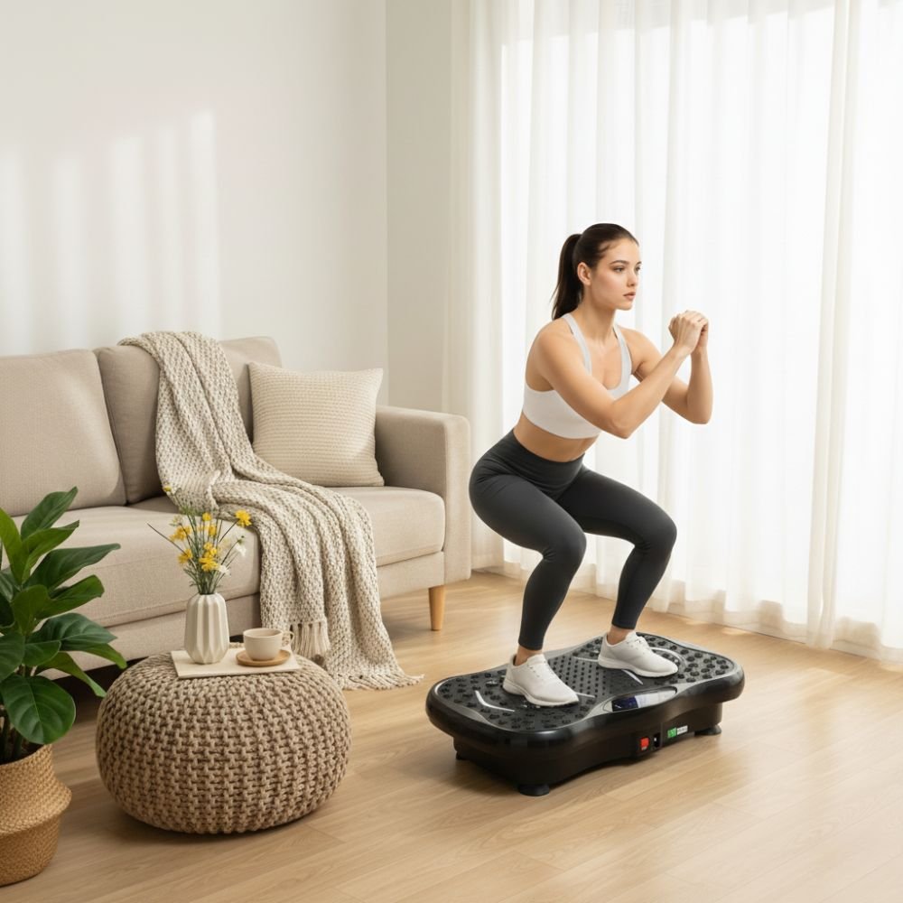 woman doing squat exercise on a vibration plate machine in a home workout setting