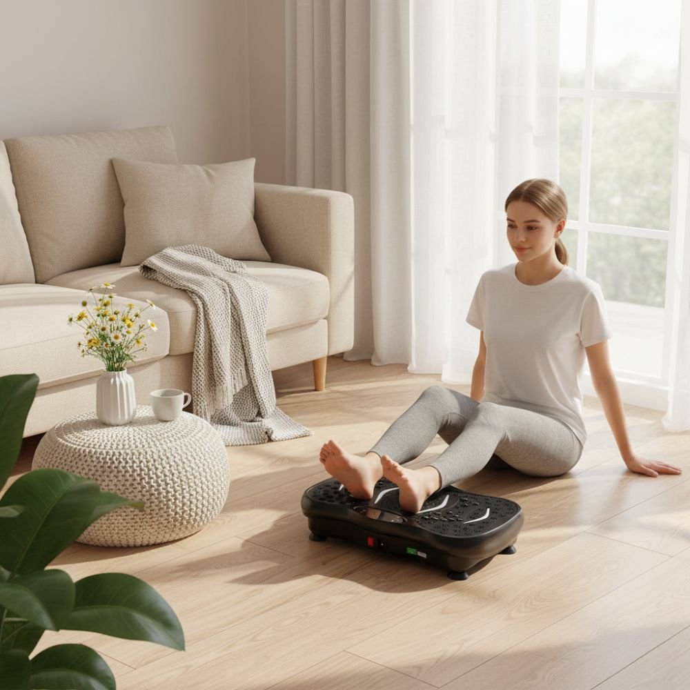 woman sitting on the floor using a vibration plate for a relaxing foot massage at home