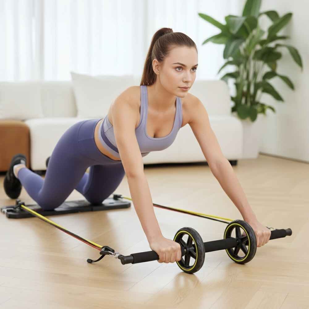 woman performing an ab rollout exercise with a dual-wheel ab roller and resistance bands during a home workout