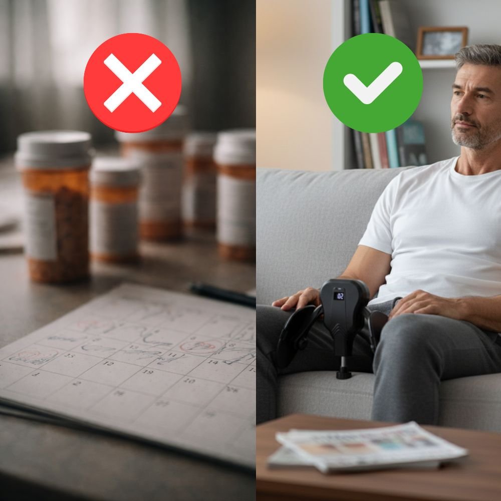 Split comparison image showing medication bottles and a calendar marked with a red cross on one side, and a middle-aged man sitting on a sofa using a home wellness device with a green check mark on the other side