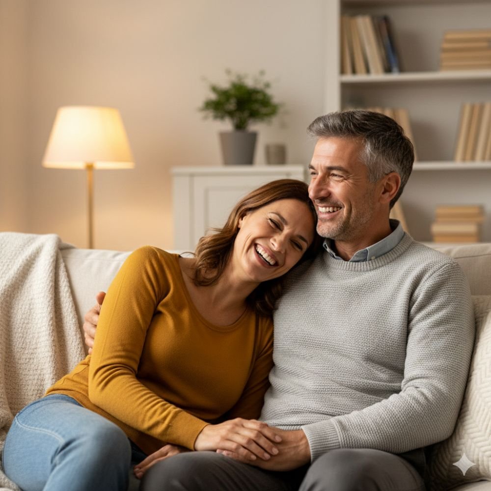 Happy middle-aged couple relaxing together on a sofa at home, smiling and enjoying a calm, comfortable moment in a modern living room
